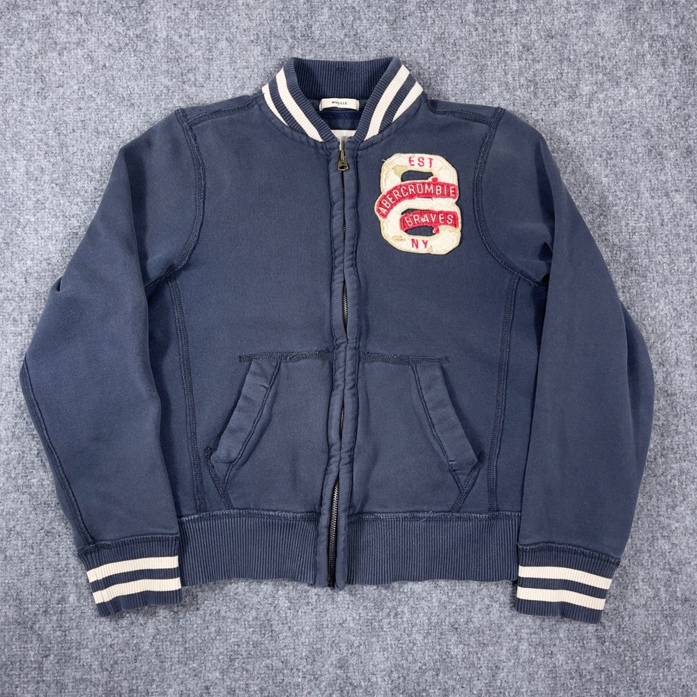 Abercrombie‎ Varsity Bomber Jacket Kids Large Navy Blue Braves Patch Full Zip